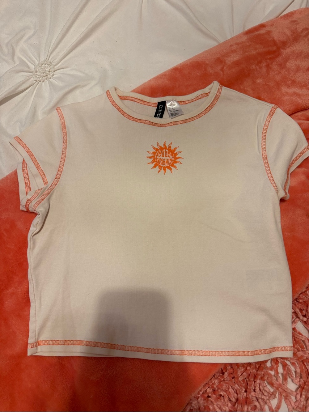Cream Crop Tee with Orange Sun Stitching